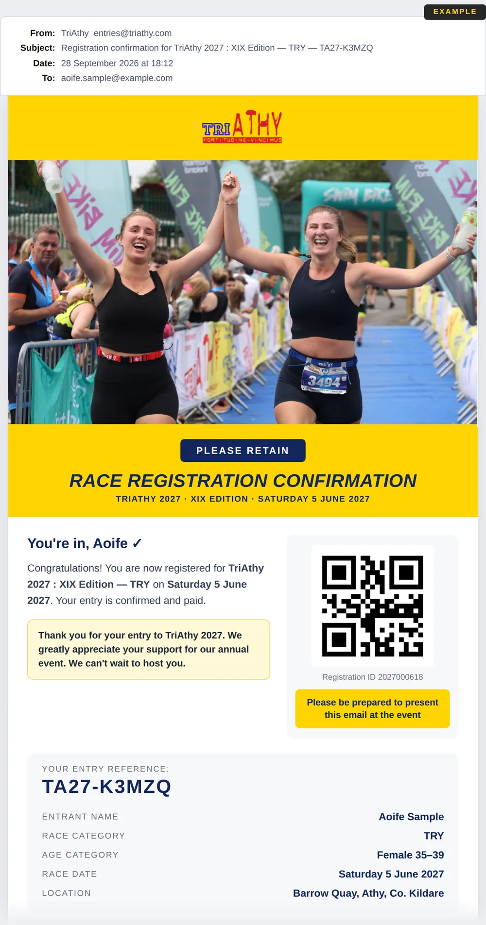 Top of the TriAthy registration confirmation email from entries@triathy.com (fictitious entrant)