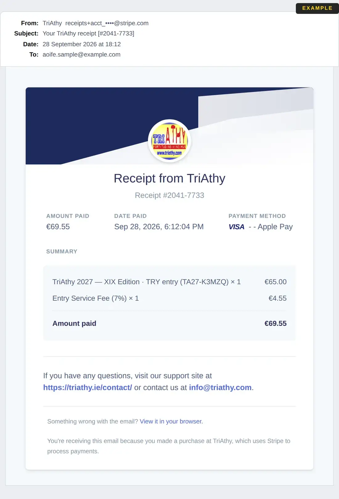 Example of the Stripe payment receipt emailed after entering TriAthy (fictitious entrant)